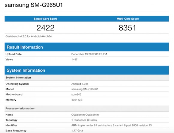 Флагманский Samsung Galaxy S9+ на базе Snapdragon 845 показался в бенчмарке